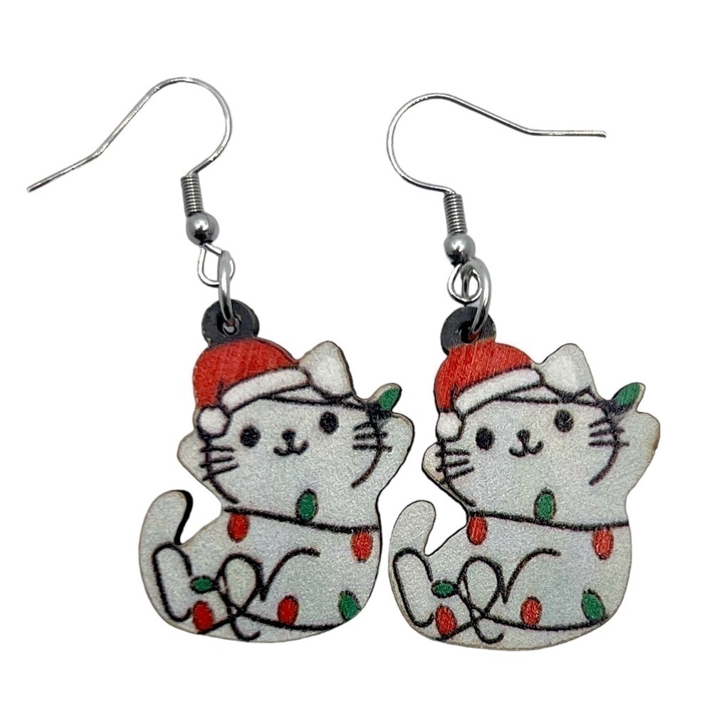 Christmas Cat Tangled in Lights Wooden Dangle Earrings